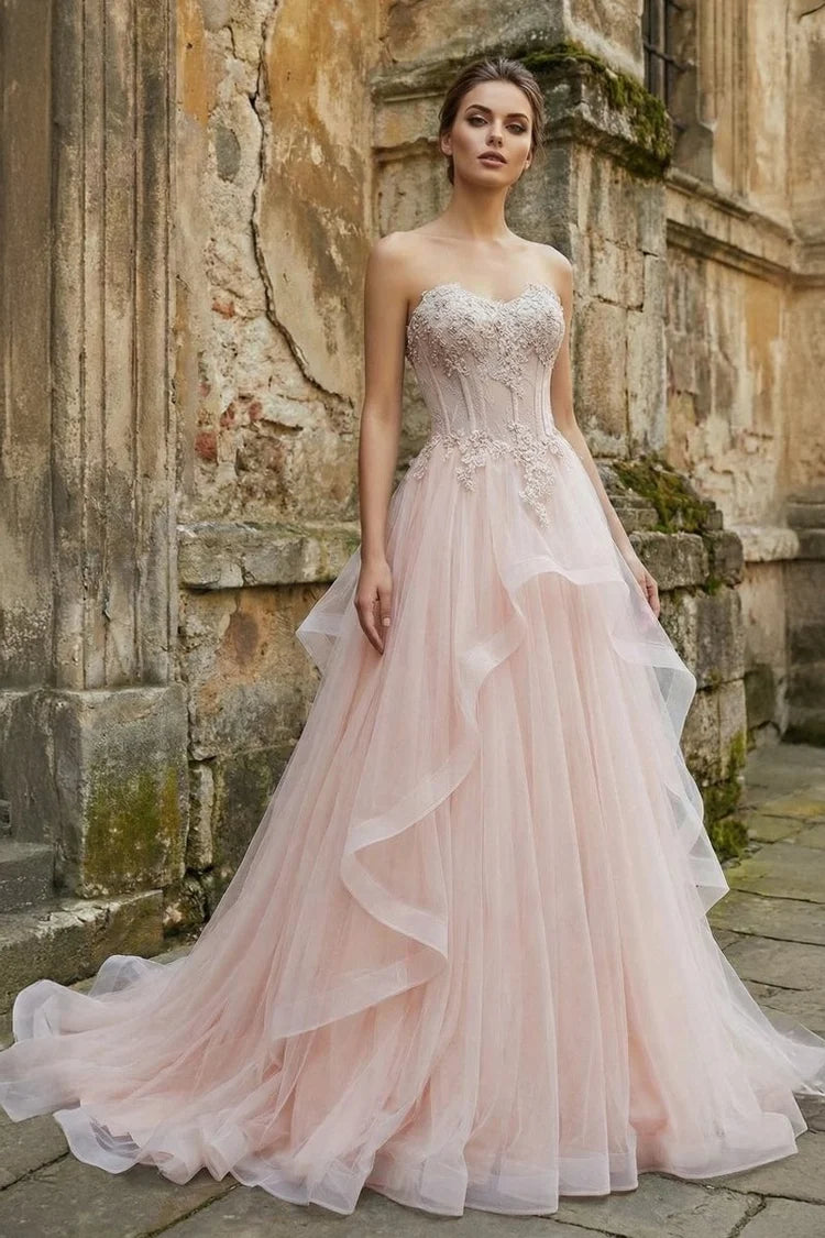 Blushing Pink Tulle and Lace Ball Gown Sweetheart Floor Length Dress