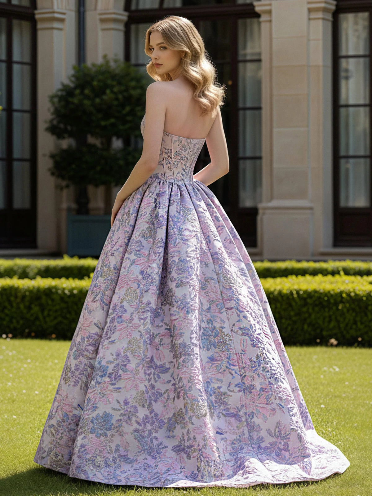Pastel Pink Floral Jacquard Ball Gown Straight Across Floor-Length Dress Back View - Aabei Dress