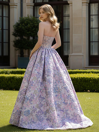 Pastel Pink Floral Jacquard Ball Gown Straight Across Floor-Length Dress Back View - Aabei Dress