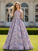Pastel Pink Floral Jacquard Ball Gown Straight Across Floor-Length Dress Front View - Aabei Dress