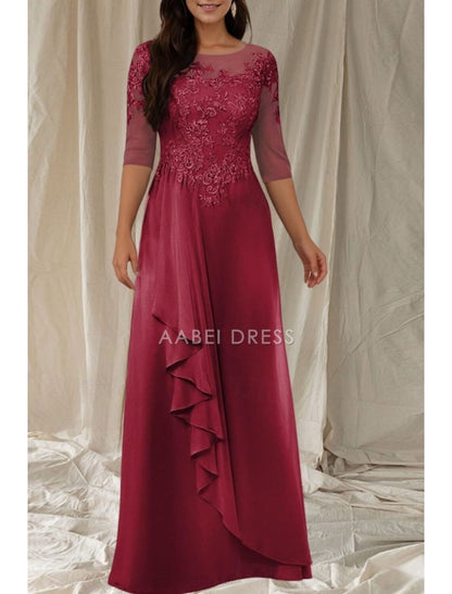 AABEI DRESS Wedding Guest Dress Elegant A-Line Crew Neck 3/4 Length Sleeve Floor Length Lace Appliques Ruffles Fashion Mother of the Bride Dress
