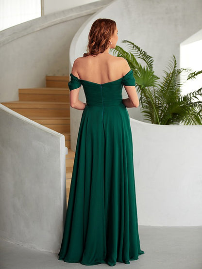 A-Line/Princess 30D Chiffon Ruched Off-the-Shoulder Sleeveless Floor-Length Dresses