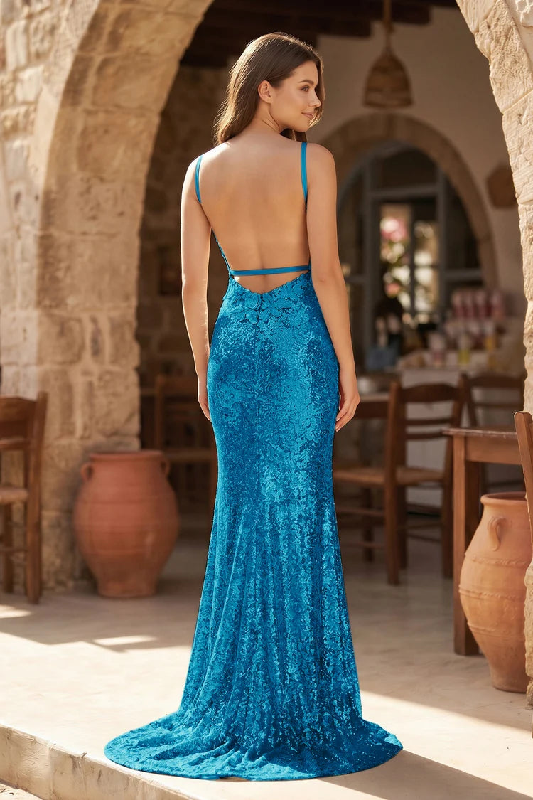 Peacock Blue Sequin Lace Sheath Column Plunging V Neck Floor Length Dress Back View - Aabei Dress
