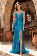 Peacock Blue Sequin Lace Sheath Column Plunging V Neck Floor Length Dress Front View - Aabei Dress