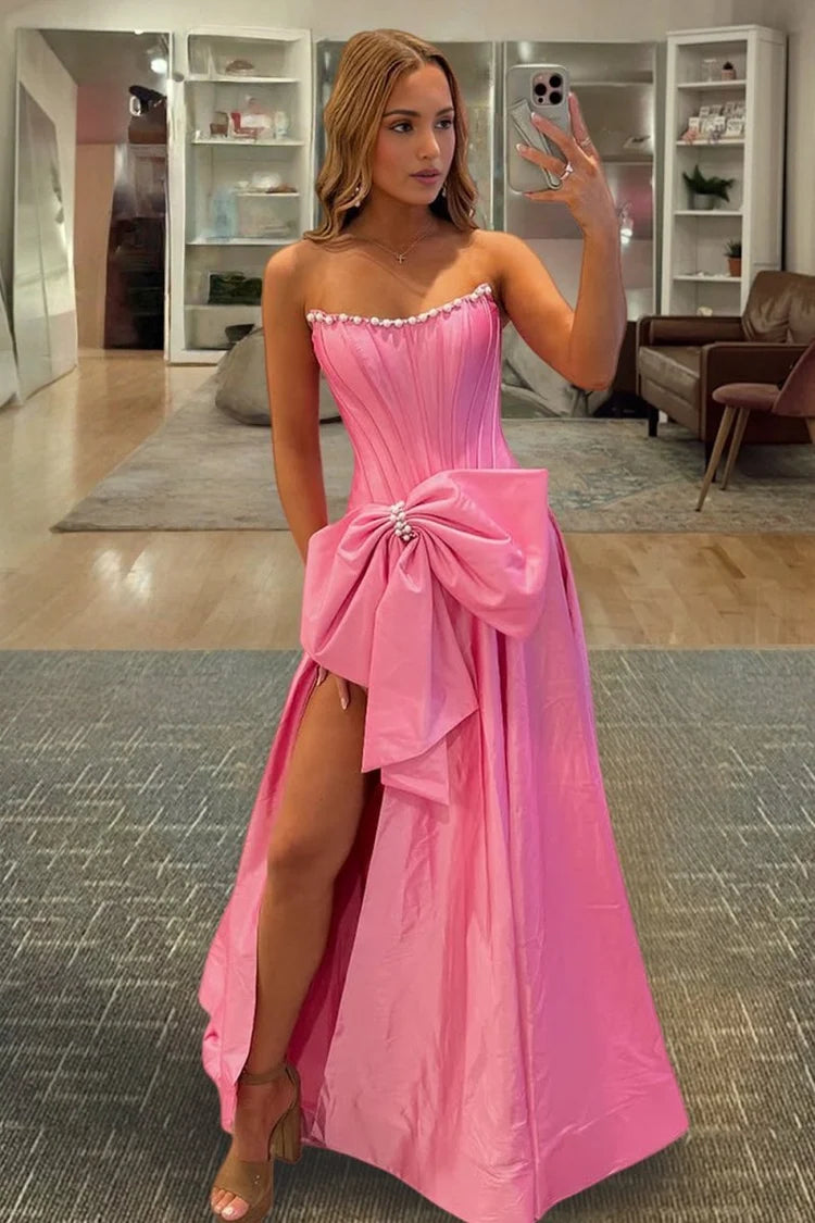 Pink Strapless A-Line Satin Prom Dress Corset Lace Up Back Big Bow Formal Gown