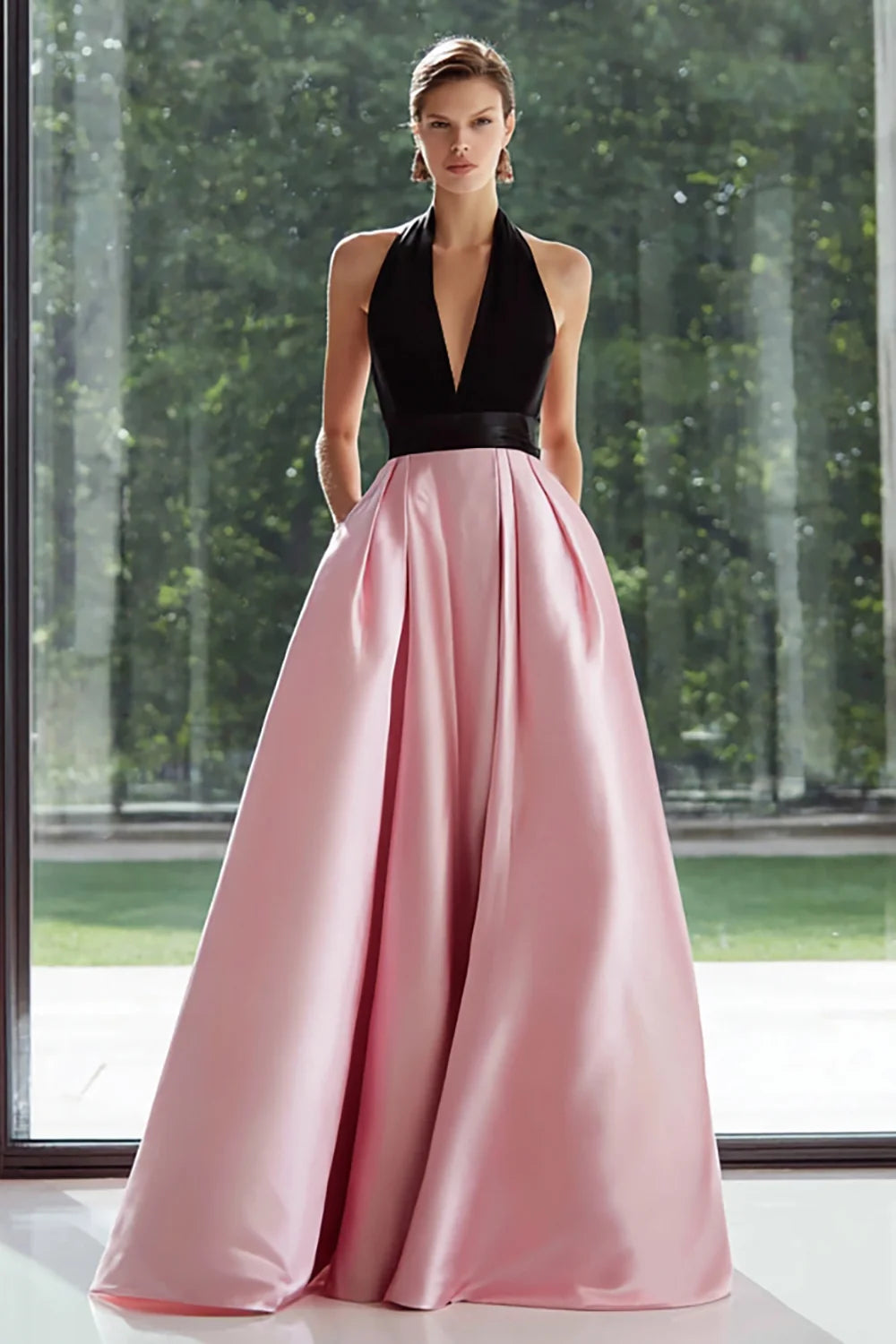 Pink and Black Satin A-Line Plunging V-Neck Open-Back Floor-Length Dress Front View - Aabei Dress