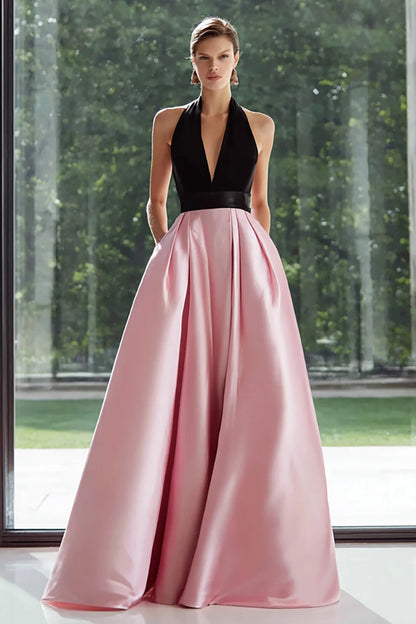 Pink and Black Satin A-Line Plunging V-Neck Open-Back Floor-Length Dress Front View - Aabei Dress