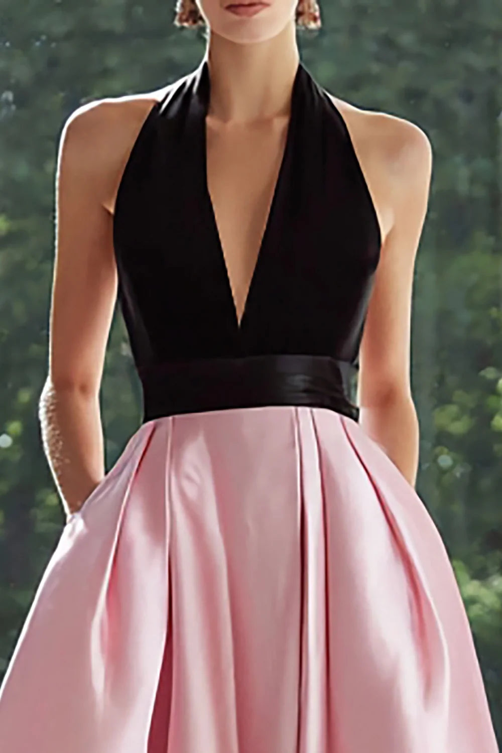 Pink and Black Satin A-Line Plunging V-Neck Open-Back Floor-Length Dress - Aabei Dress