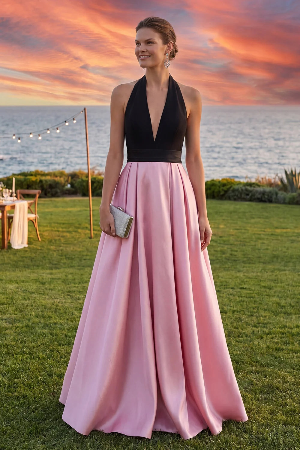 Pink and Black Satin A-Line Plunging V-Neck Open-Back Floor-Length Dress - Aabei Dress