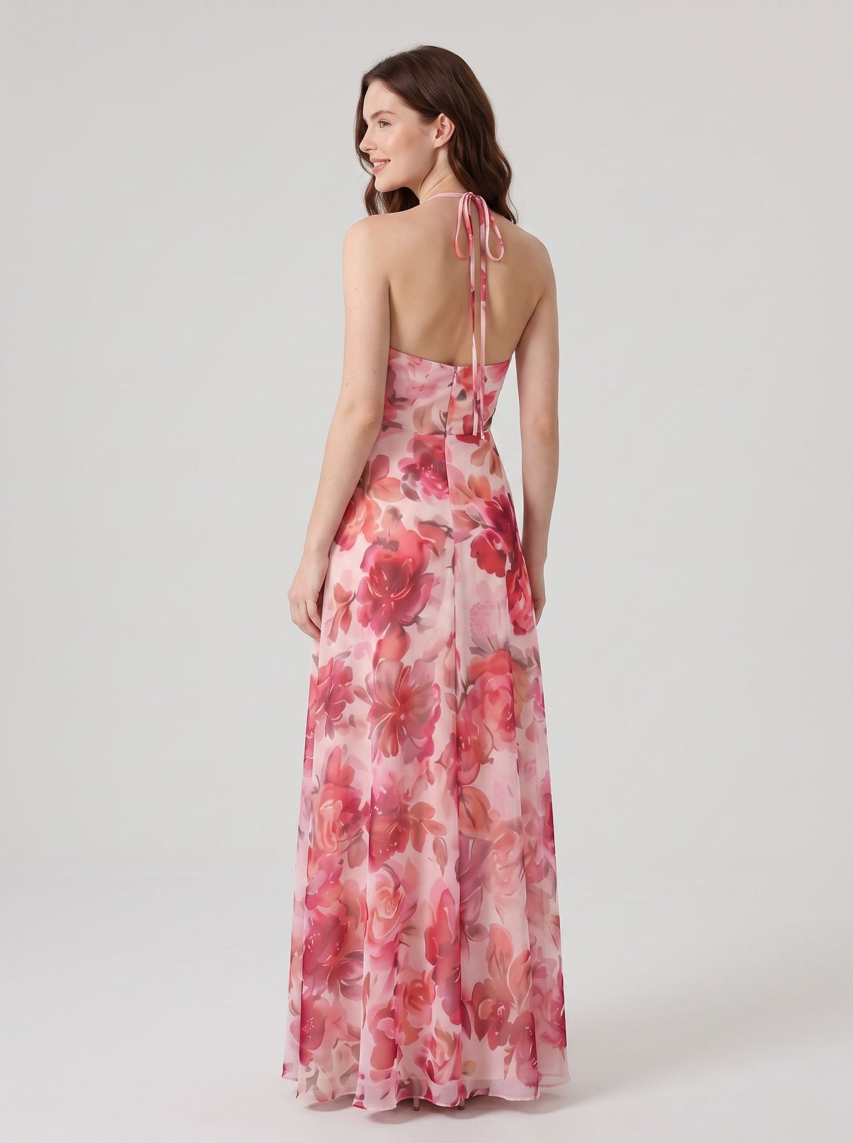 Pink Floral Chiffon A Line Halter Tie Back Floor Length Dress Back View - Aabei Dress