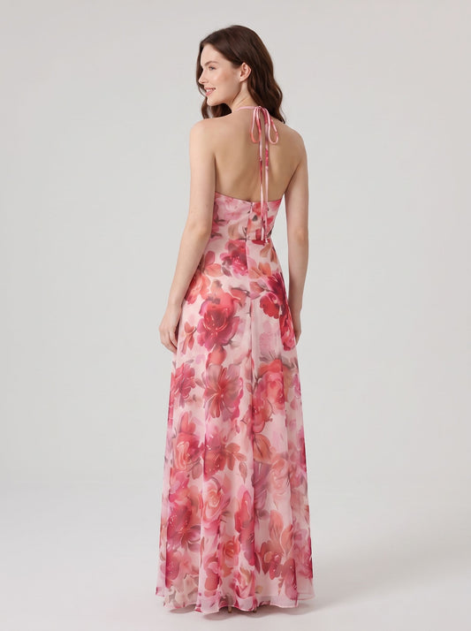 Pink Floral Chiffon A Line Halter Tie Back Floor Length Dress Back View - Aabei Dress