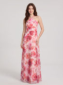 Pink Floral Chiffon A Line Halter Tie Back Floor Length Dress Front View - Aabei Dress