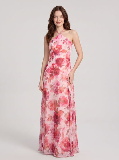 Pink Floral Chiffon A Line Halter Tie Back Floor Length Dress Front View - Aabei Dress