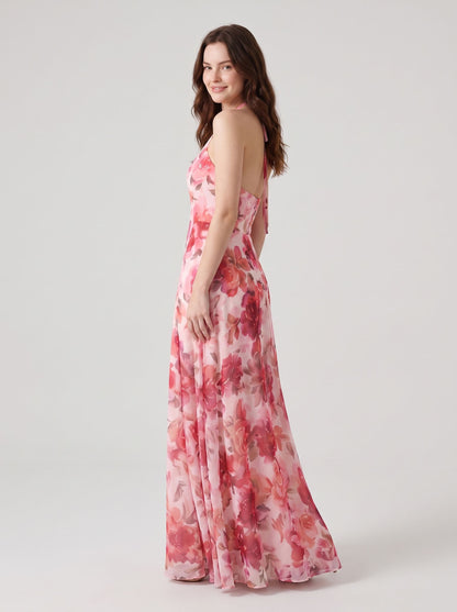 Pink Floral Chiffon A Line Halter Tie Back Floor Length Dress - Aabei Dress