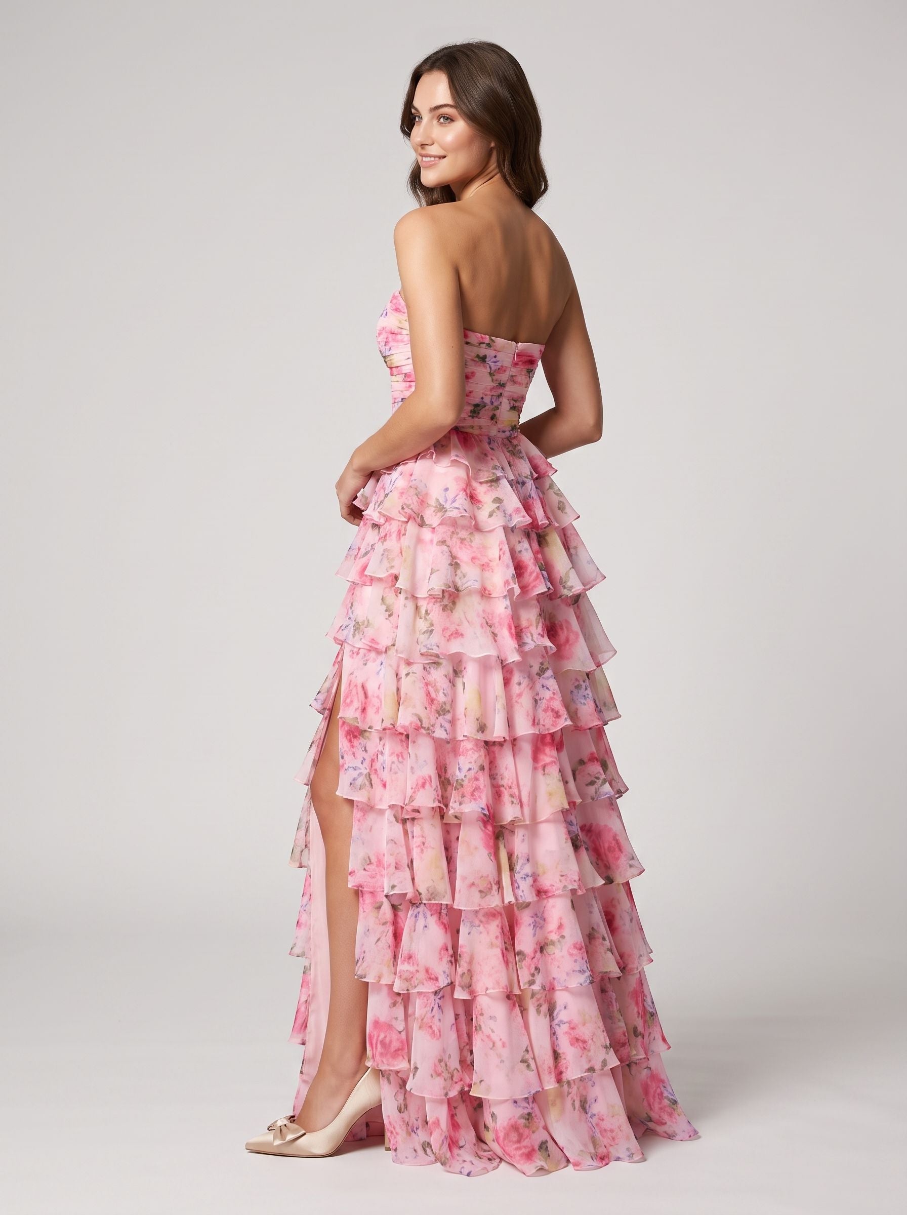 Pink Floral Chiffon tiered straight-across zipper-back floor-length Dress Back View - Aabei Dress