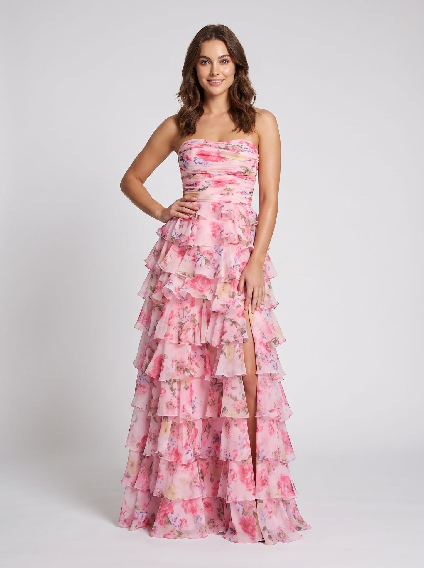 Pink Floral Chiffon tiered straight-across zipper-back floor-length Dress - Aabei Dress