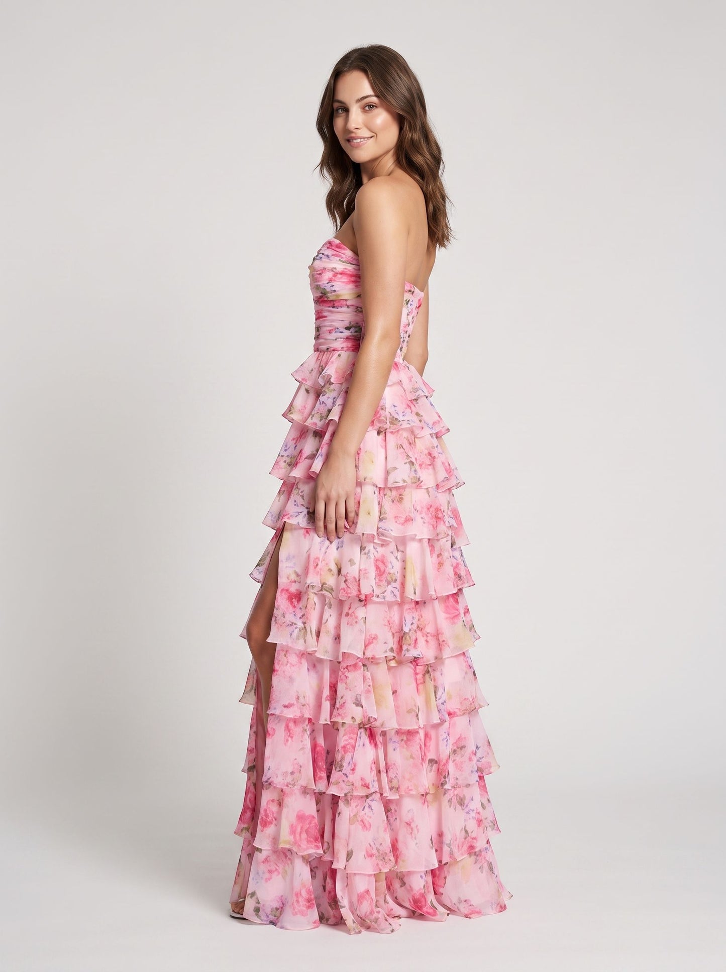 Pink Floral Chiffon tiered straight-across zipper-back floor-length Dress - Aabei Dress