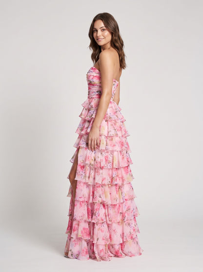 Pink Floral Chiffon tiered straight-across zipper-back floor-length Dress - Aabei Dress