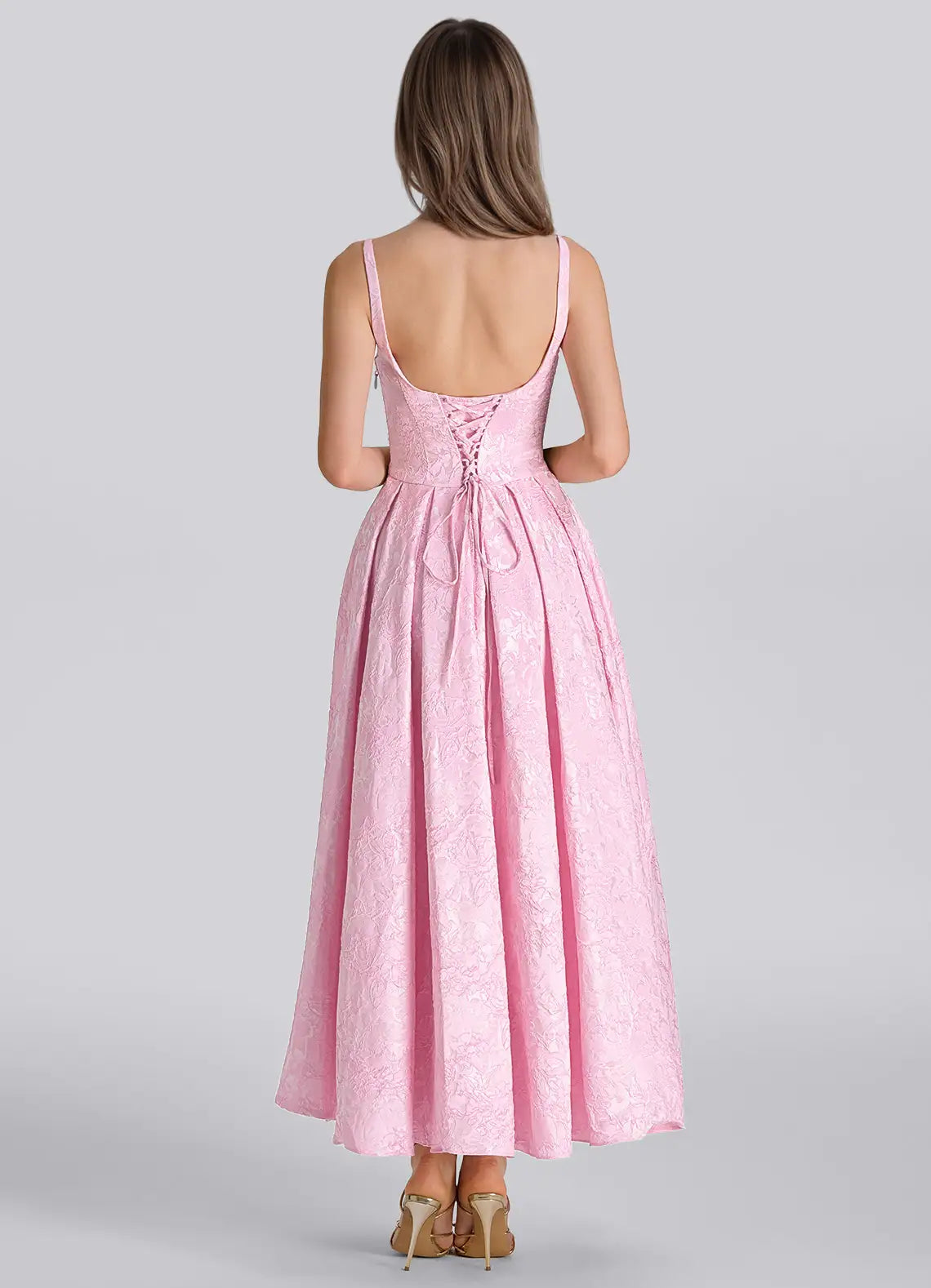 Pink Jacquard Satin A-Line V-Neck Lace-up Tea-Length Dress Back View - Aabei Dress