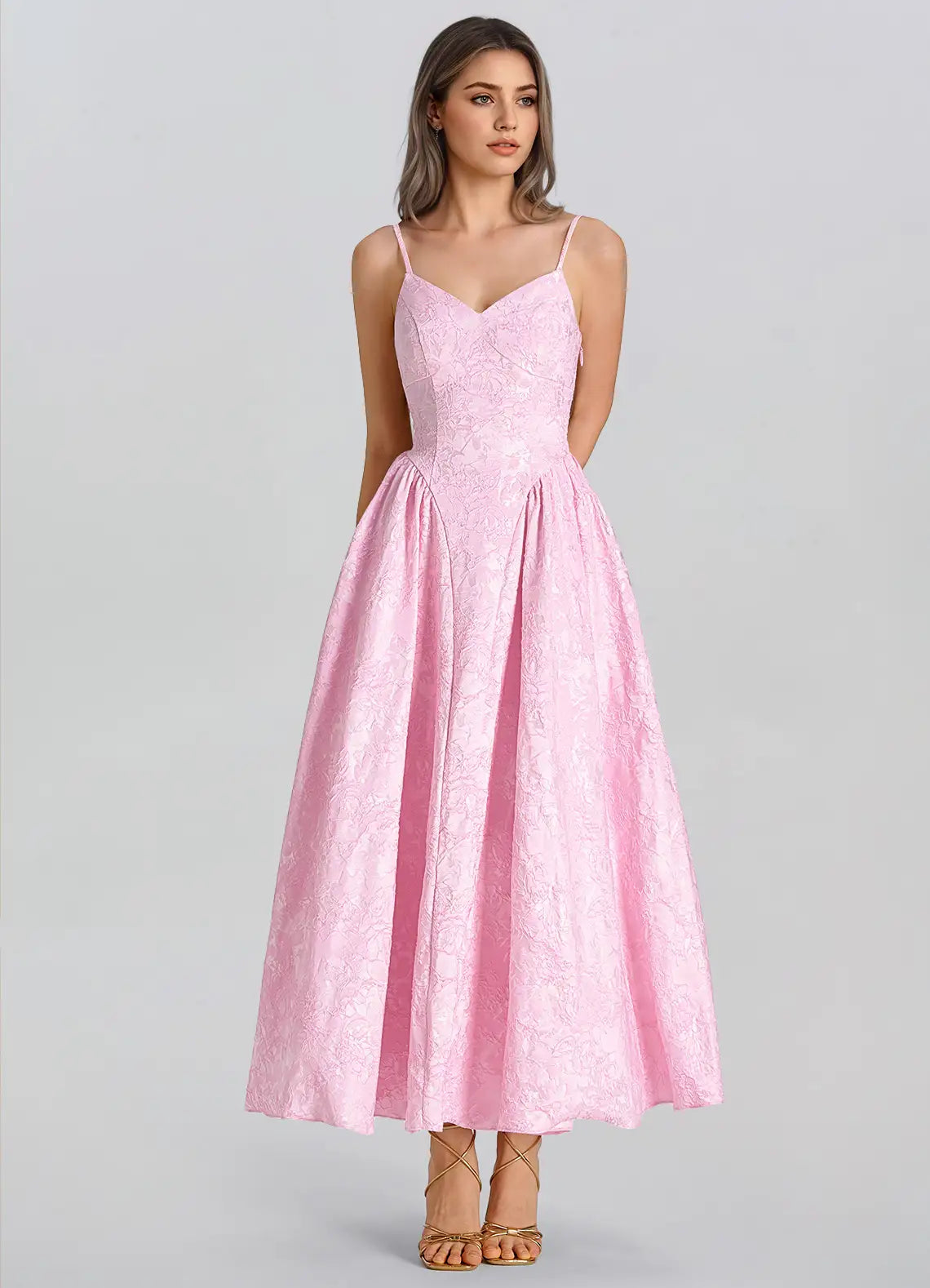 Pink Jacquard Satin A-Line V-Neck Lace-up Tea-Length Dress Front View - Aabei Dress