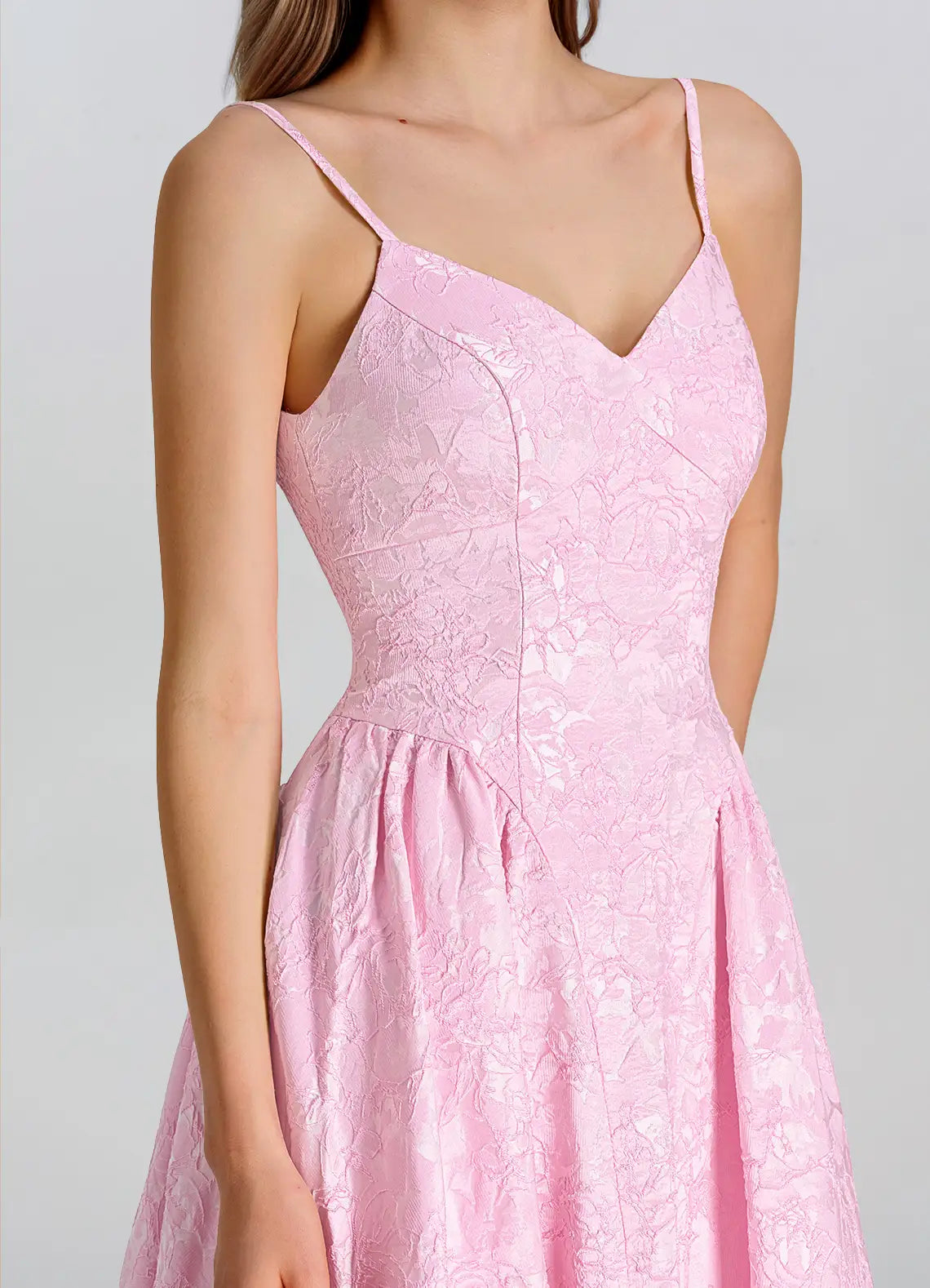 Pink Jacquard Satin A-Line V-Neck Lace-up Tea-Length Dress - Aabei Dress