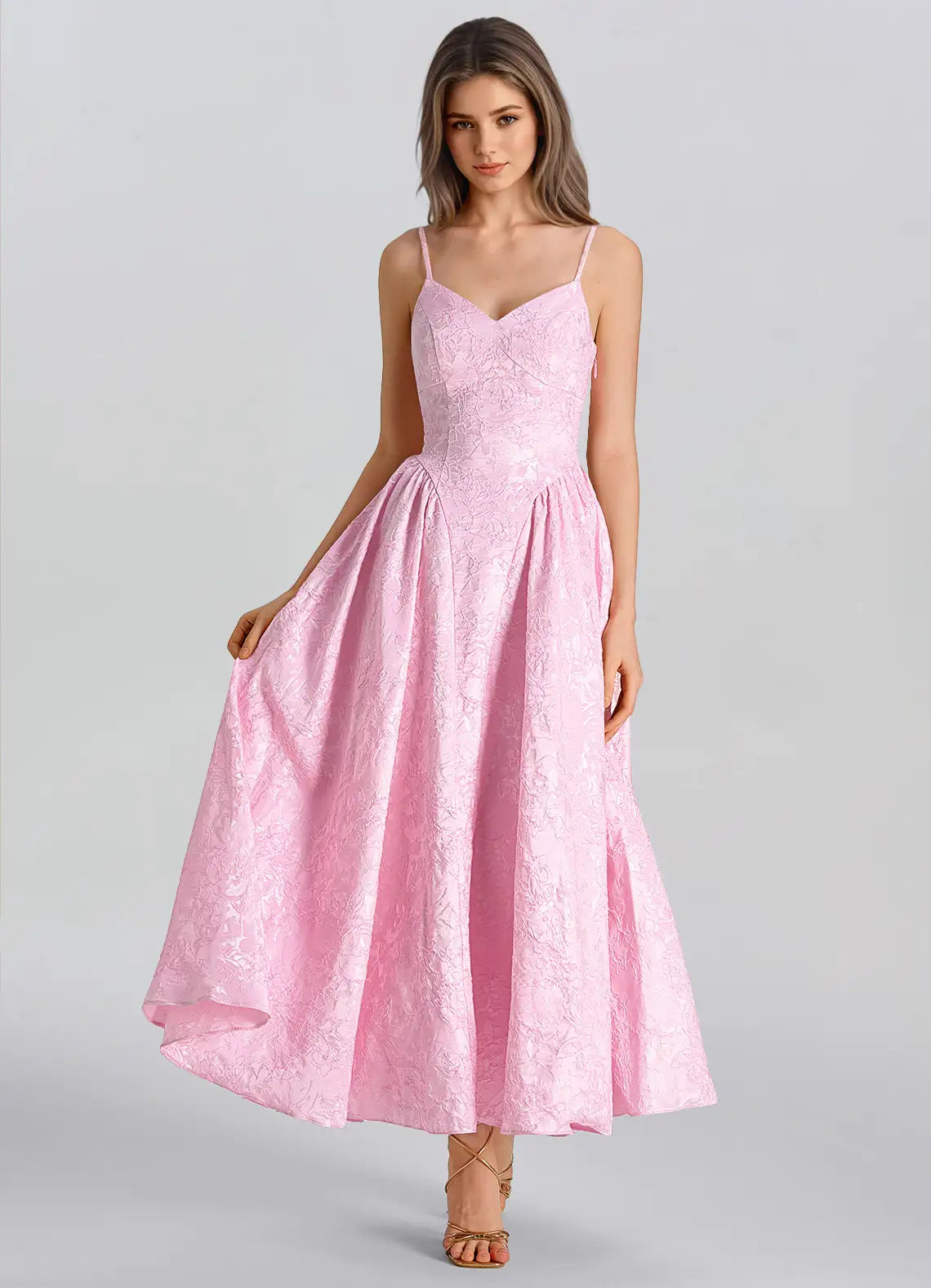Pink Jacquard Satin A-Line V-Neck Lace-up Tea-Length Dress - Aabei Dress