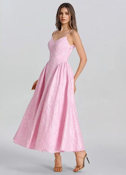 Pink Jacquard Satin A-Line V-Neck Lace-up Tea-Length Dress - Aabei Dress
