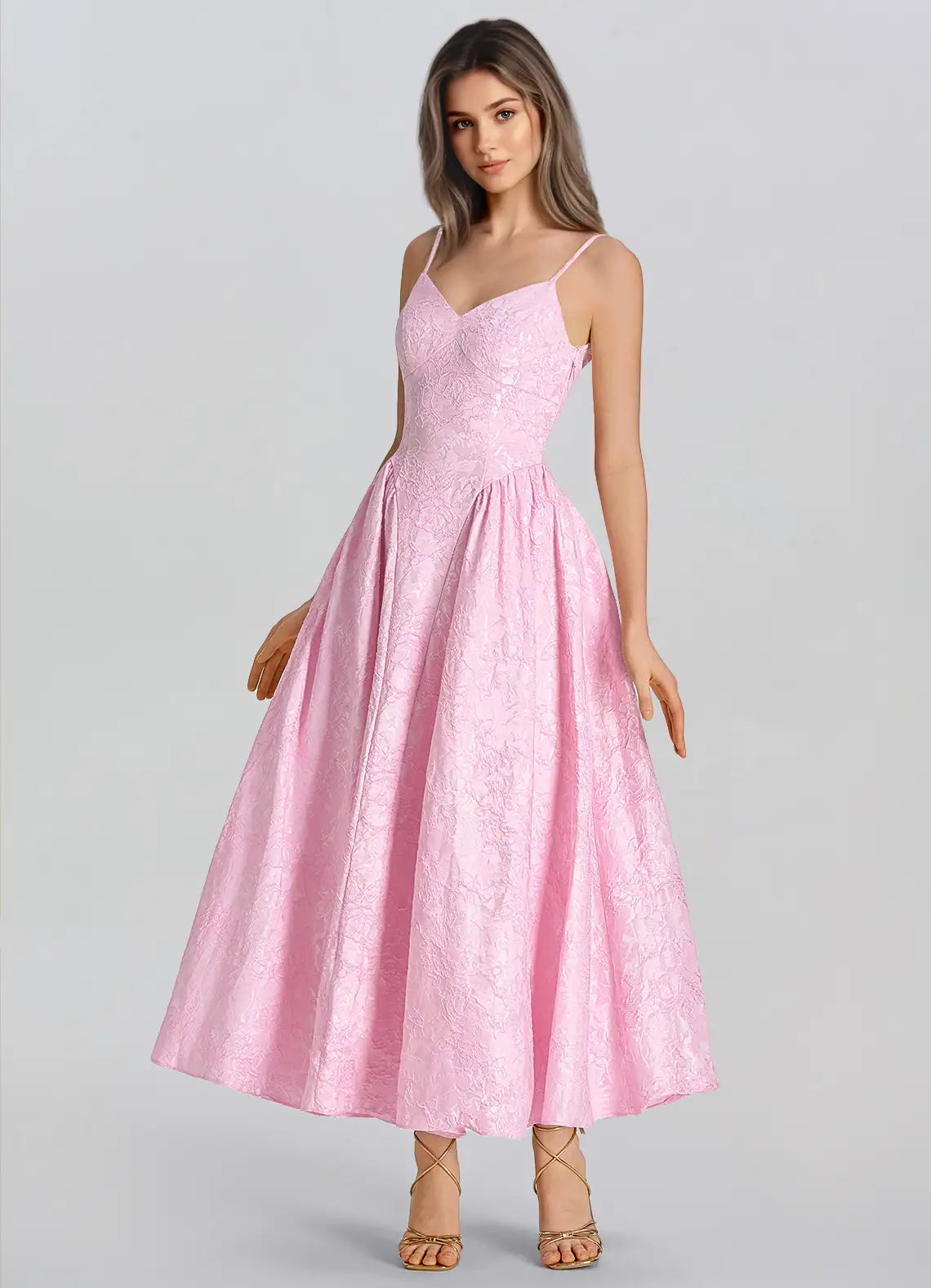 Pink Jacquard Satin A-Line V-Neck Lace-up Tea-Length Dress - Aabei Dress
