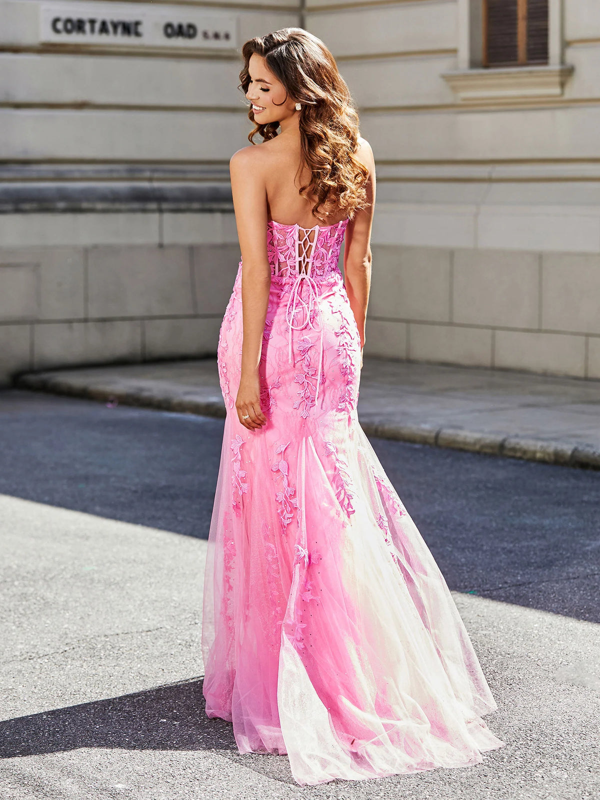 Pink Lace Trumpet Sweetheart Lace-Up-Back Floor-Length Dress Back View - Aabei Dress