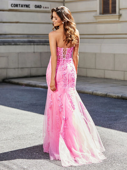 Pink Lace Trumpet Sweetheart Lace-Up-Back Floor-Length Dress Back View - Aabei Dress