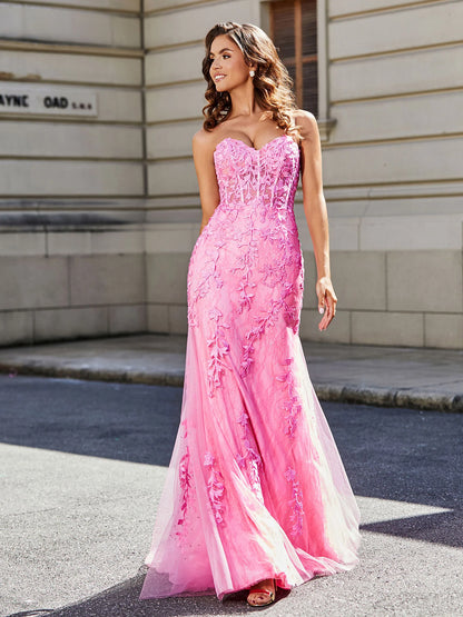 Pink Lace Trumpet Sweetheart Lace-Up-Back Floor-Length Dress Front View - Aabei Dress