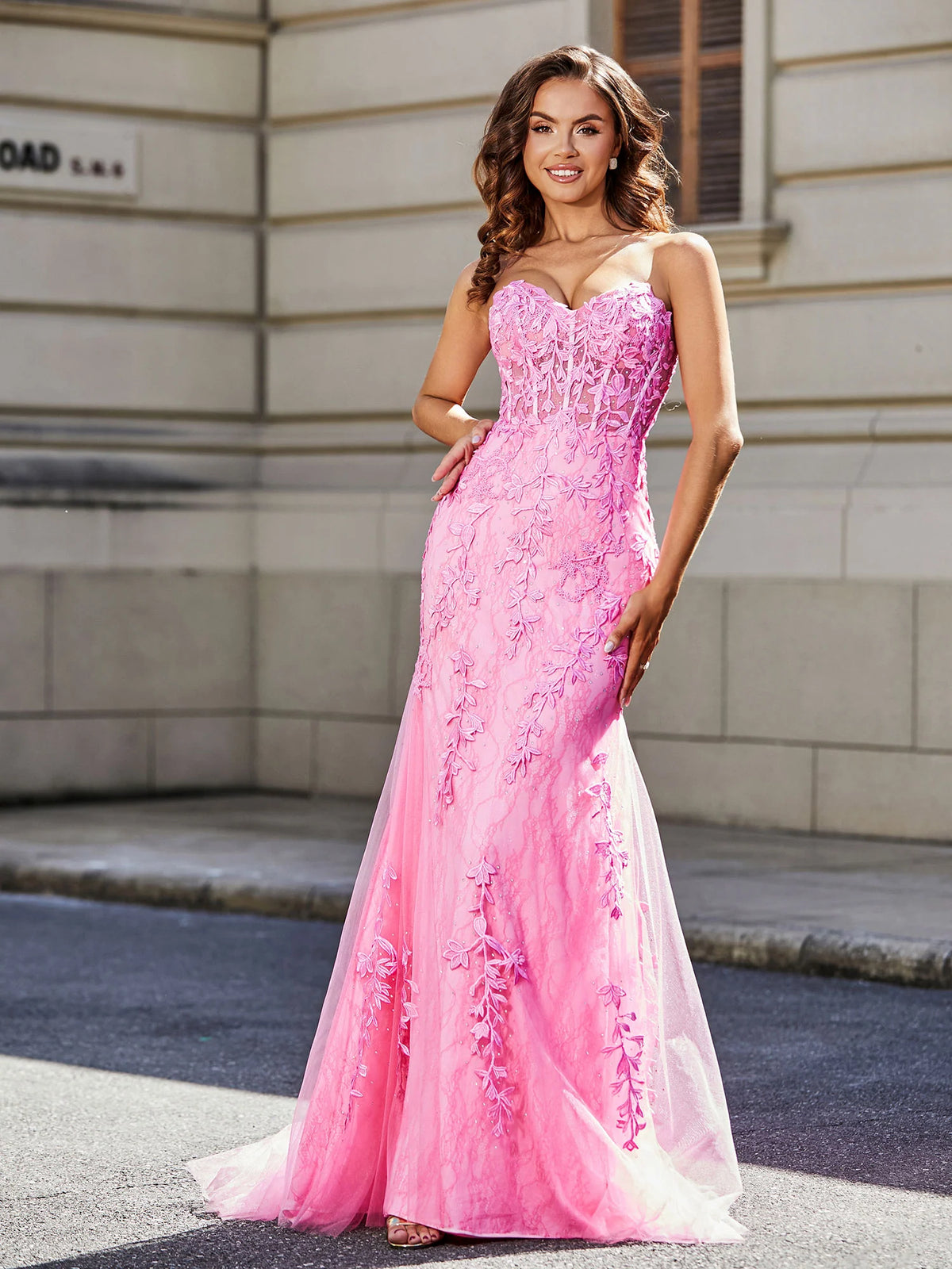 Pink Lace Trumpet Sweetheart Lace-Up-Back Floor-Length Dress - Aabei Dress