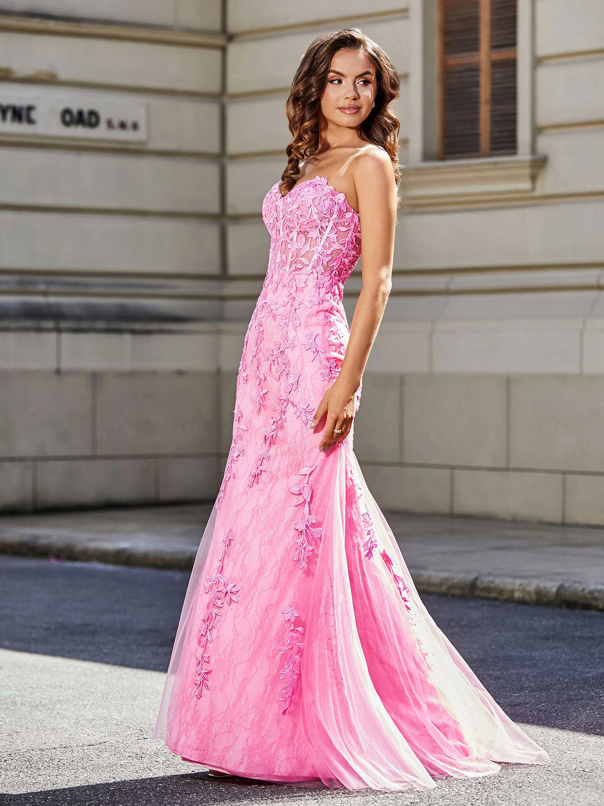 Pink Lace Trumpet Sweetheart Lace-Up-Back Floor-Length Dress - Aabei Dress