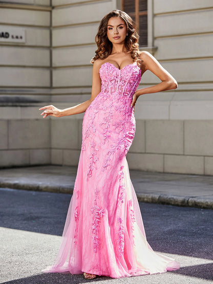 Pink Lace Trumpet Sweetheart Lace-Up-Back Floor-Length Dress - Aabei Dress