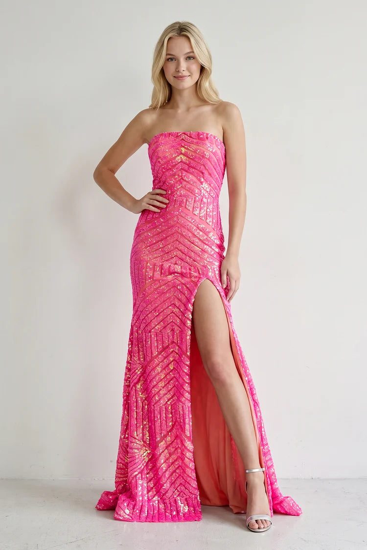 Sparkly Mermaid Strapless Sleeveless Geometric Hot Pink Long Prom Dress