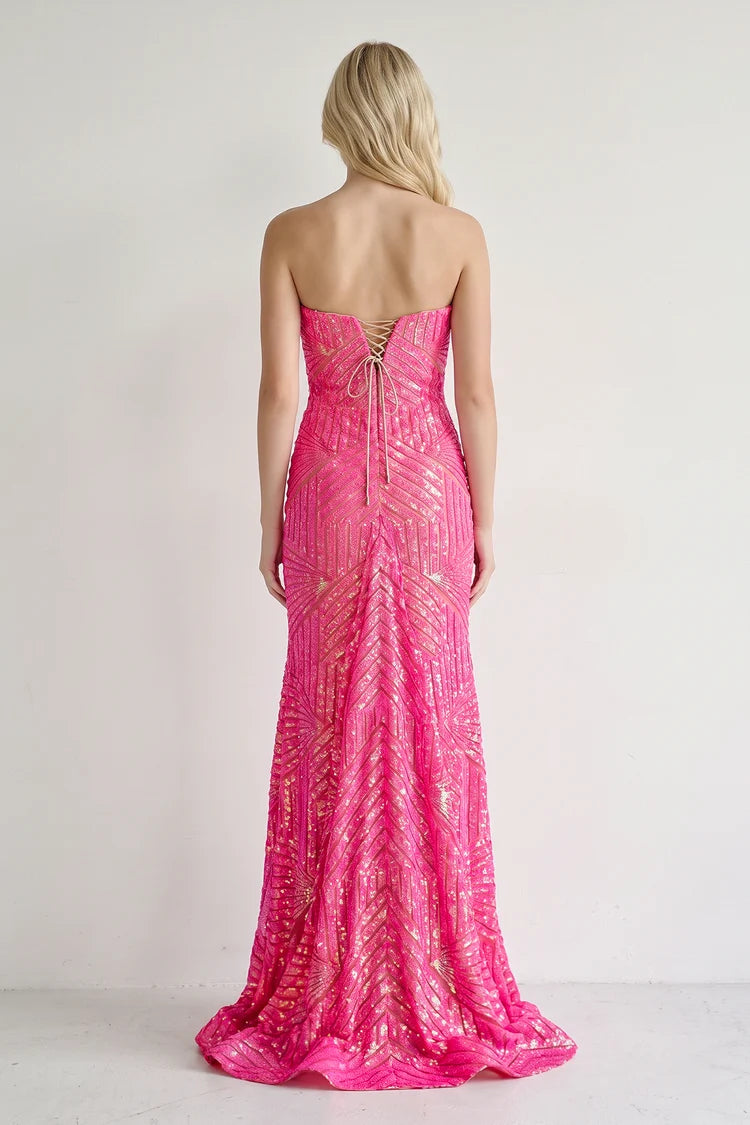 Sparkly Mermaid Strapless Sleeveless Geometric Hot Pink Long Prom Dress