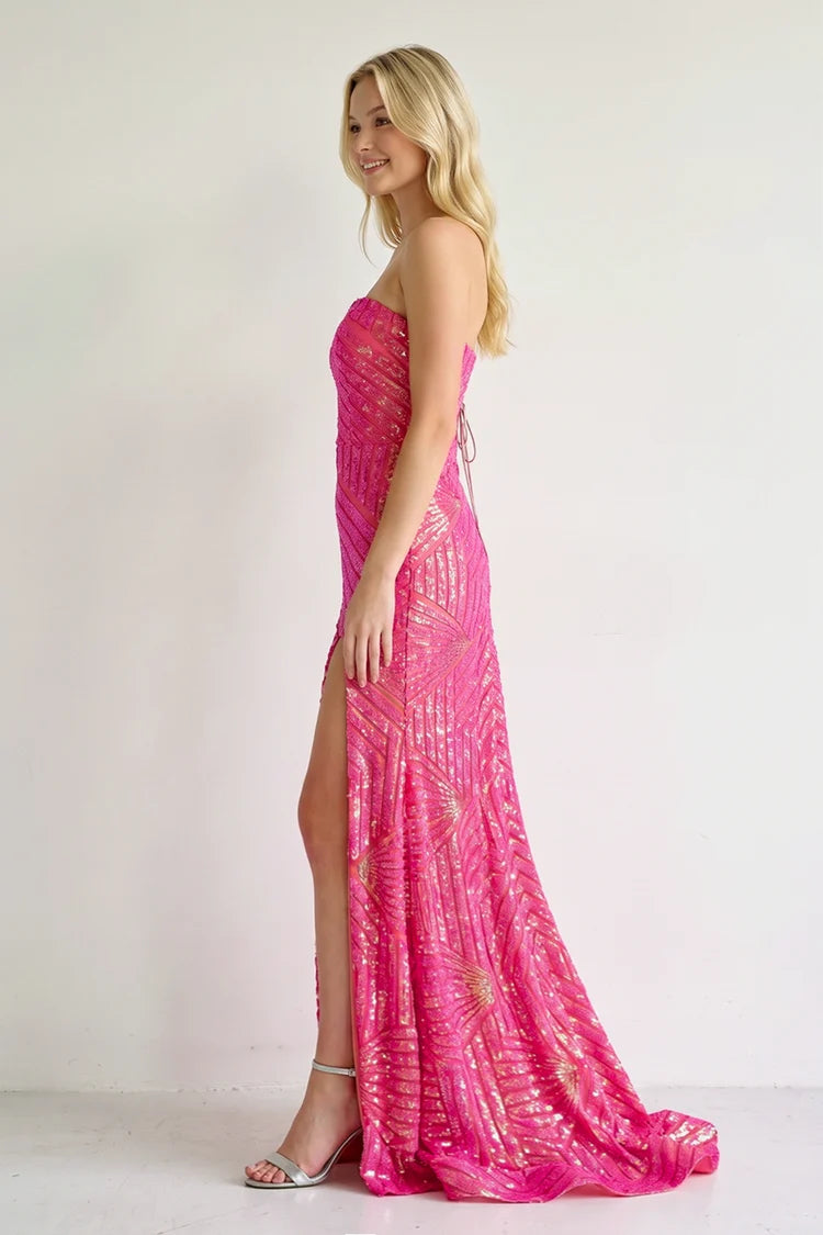 Sparkly Mermaid Strapless Sleeveless Geometric Hot Pink Long Prom Dress