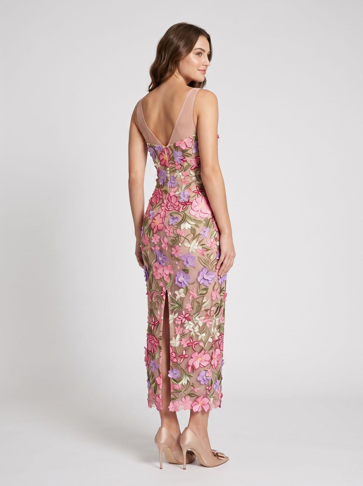 Pink Multi Embroidered Mesh sheath-column sweetheart ankle-length Dress Back View - Aabei Dress