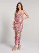 Pink Multi Embroidered Mesh sheath-column sweetheart ankle-length Dress Front View - Aabei Dress