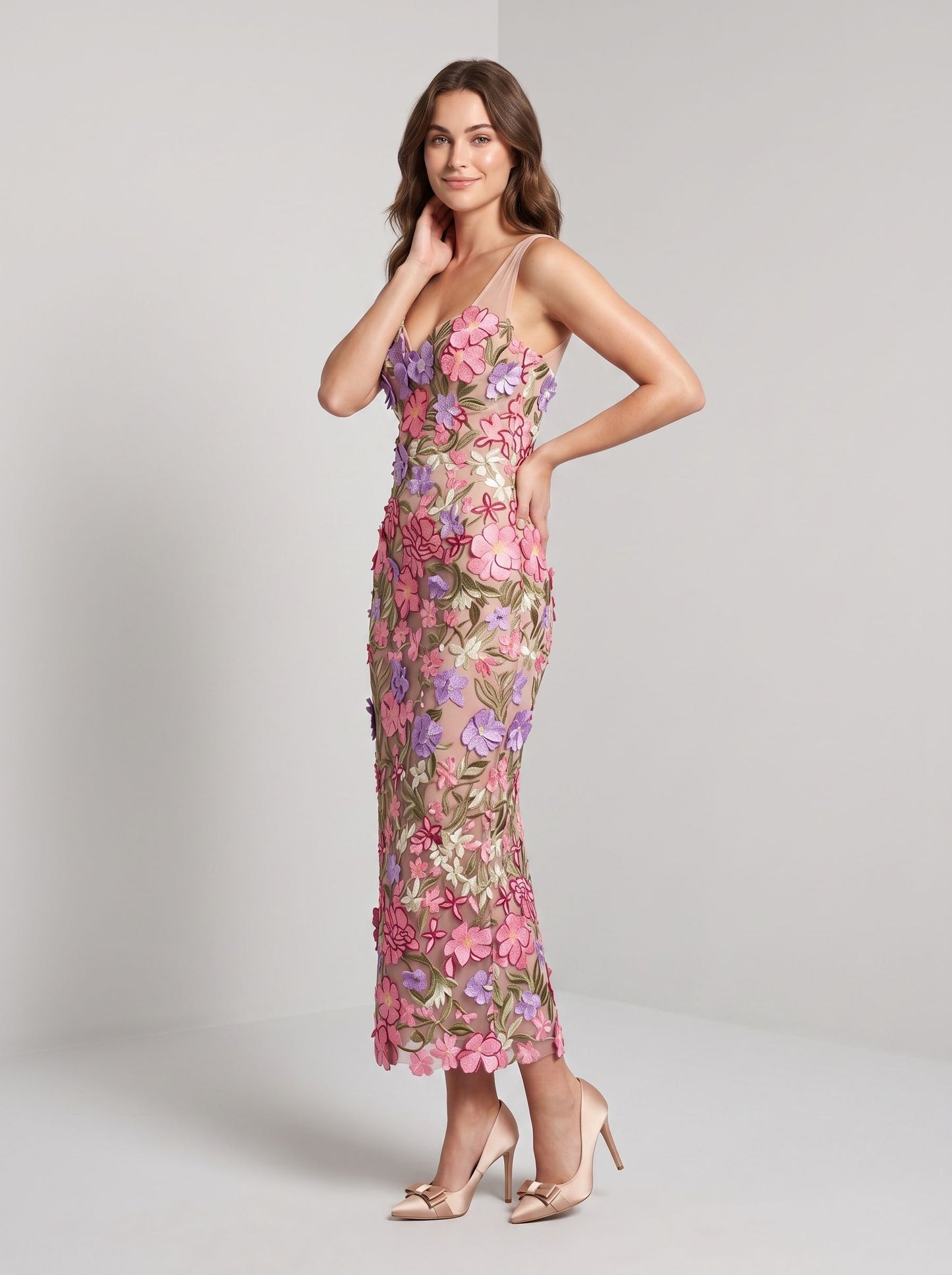 Pink Multi Embroidered Mesh sheath-column sweetheart ankle-length Dress - Aabei Dress
