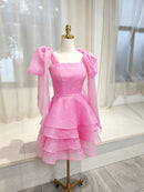 Pink Organza Tiered Square Neck Zipper Back Mini Dress - Aabei Dress