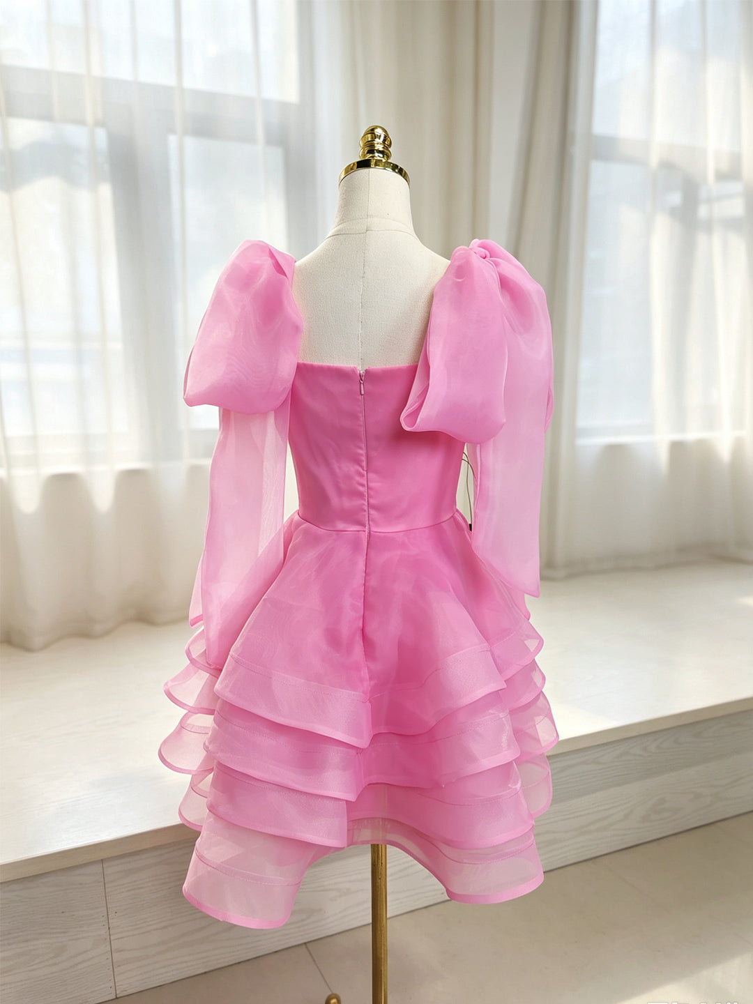 Pink Organza Tiered Square Neck Zipper Back Mini Dress - Aabei Dress