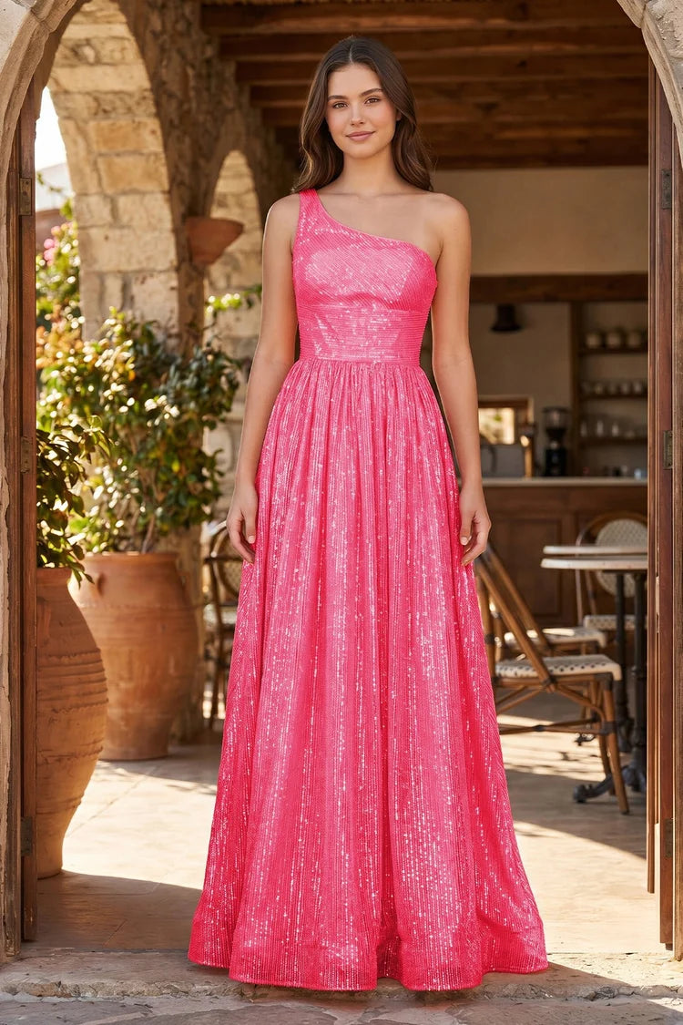 Pink Sequin A-Line One Shoulder Open-Back Floor-Length Dress Front View - Aabei Dress