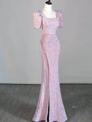 Pink Sequin Mermaid Square Neck Zipper Back Floor-Length Dress Front View - Aabei Dress