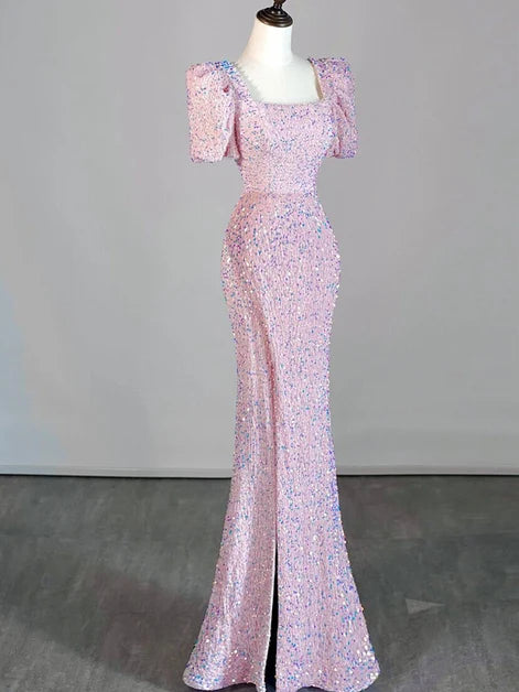 Pink Sequin Mermaid Square Neck Zipper Back Floor-Length Dress Front View - Aabei Dress