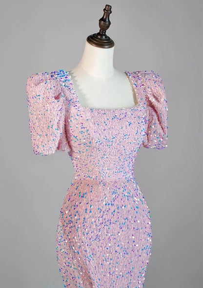 Pink Sequin Mermaid Square Neck Zipper Back Floor-Length Dress - Aabei Dress