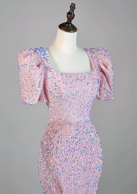 Pink Sequin Mermaid Square Neck Zipper Back Floor-Length Dress - Aabei Dress