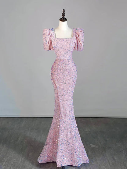 Pink Sequin Mermaid Square Neck Zipper Back Floor-Length Dress - Aabei Dress
