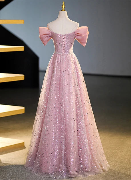 Pink Sequin Tulle A-Line Off-the-Shoulder Lace-up Floor-Length Dress Back View - Aabei Dress