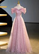 Pink Sequin Tulle A-Line Off-the-Shoulder Lace-up Floor-Length Dress Front View - Aabei Dress
